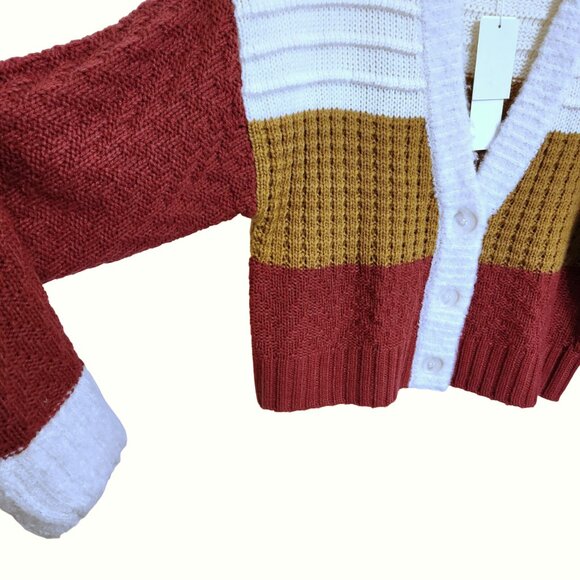 Adyson Parker Colorblock V-Neck Cardigan Tomato Red Golden Brown Cream Sz M - Picture 5 of 15